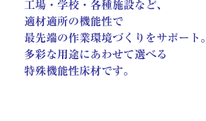 工場・学校・各種施設など、適材適所の機能性で最先端の作業環境づくりをサポート。多彩な用途にあわせて選べる特殊機能性床材です。