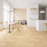 Interior of stylish pub with white and wooden walls, wooden floor, gray sofa, tables and chairs and white bar counter with stools. 3d rendering