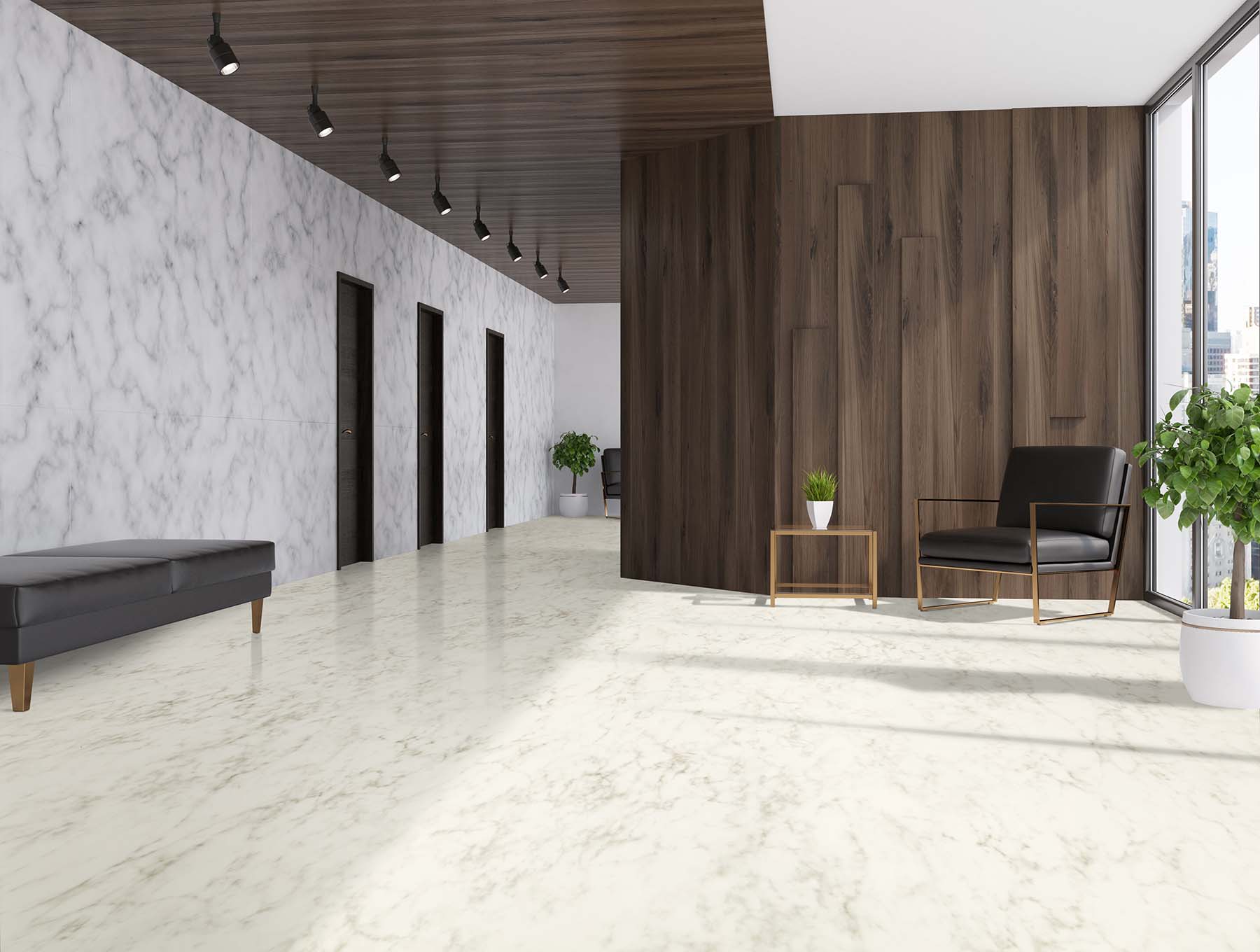 White marble and dark wooden elevator hall in an office with a panoramic window. There are three black doors in the wall and a brown armchair. 3d rendering mock up