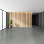 Black and wooden business hall, grey floor and wooden wall. Empty reception room with windows and plant, 3D rendering no people