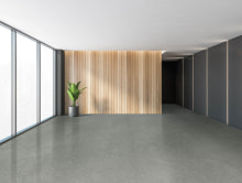 Black and wooden business hall, grey floor and wooden wall. Empty reception room with windows and plant, 3D rendering no people